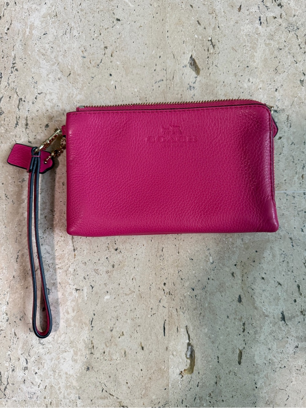 COACH Dahlia Pink Pebble Leather Double Corner Zip Wristlet F64130